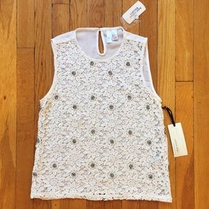 NWT Ivory Floral Lace Top with Pearls and Bling